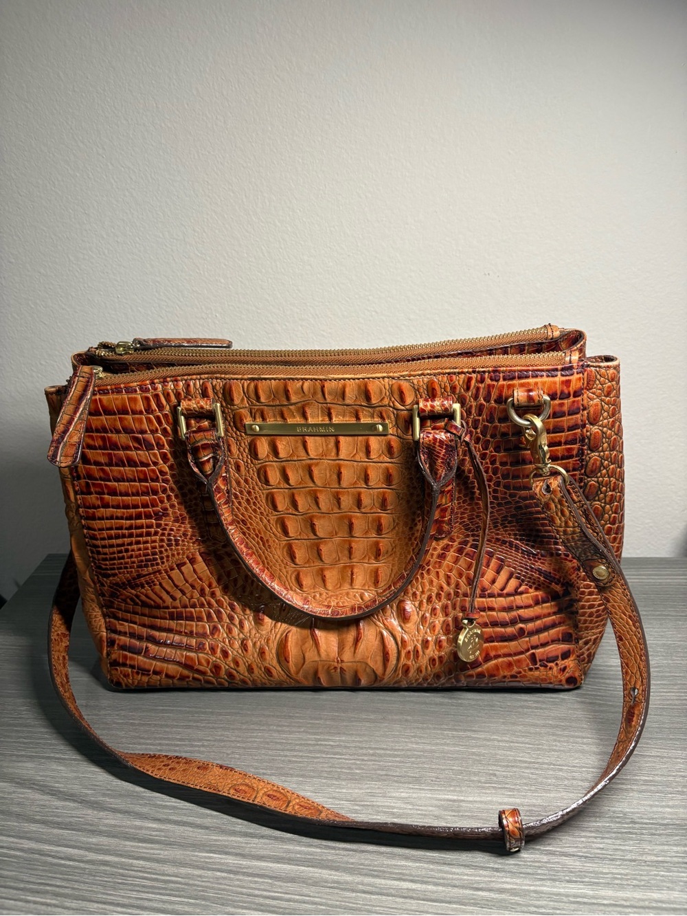 Brahmin Melbourne Croc Embossed Leather Satchel Brown Pecan Crossbody